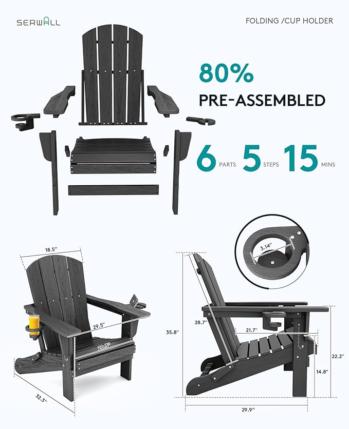SERWALL 5-Piece Outdoor Round Coffee Table Set - 1 Table & 4 Adirondack Chairs with Cup Holders (Gray)