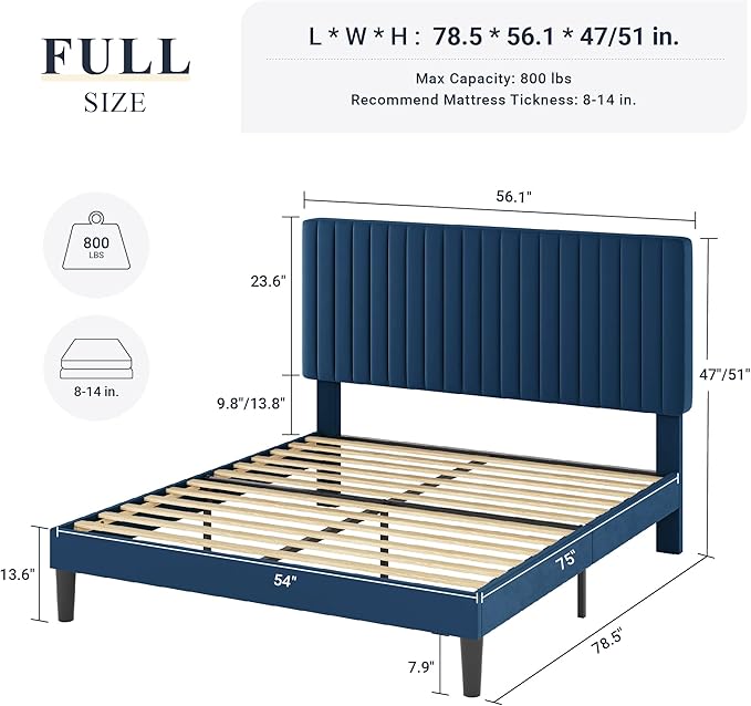 Allewie Full Bed Frame, Velvet Upholstered Platform Bed with Adjustable Vertical Channel Tufted Headboard, Mattress Foundation with Strong Wooden Slats, Box Spring Optional, Easy Assembly, Navy Blue