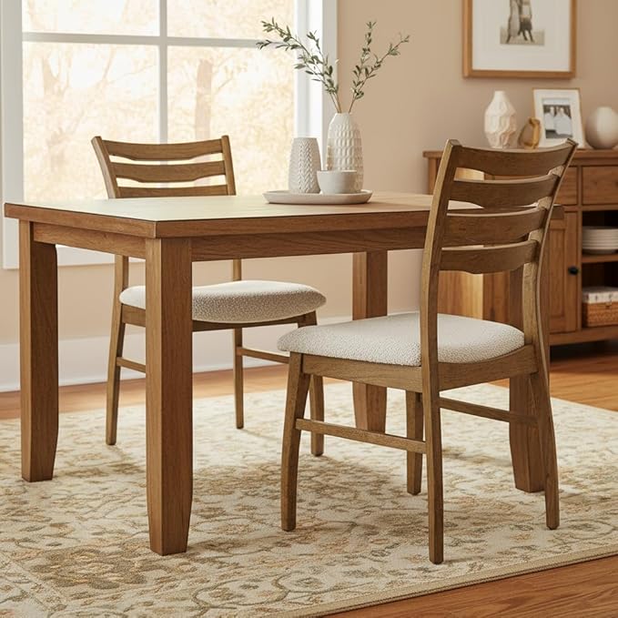 DUOMAY Farmhouse Dining Chairs Set of 4, Fur Beige Upholstered Side Chairs Solid Wood Ladder Back Kitchen Chairs for Home Dining Room, Browm Frame
