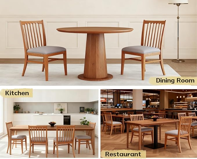 chairus Upholstered Kitchen Chairs Set of 2, Natural Wooden Barrel Dining Chairs with Slat Back Double-Layer Cushion Farmhouse Accent Chairs for Dining Room/Living Room/Restaurant, Chenille Grey