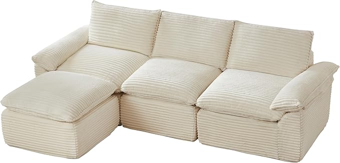 113.03" Sectional Couches for Living Room Modern Modular Sofa with L-Shape Couchs Upholstered Corduroy Boneless Couch Deep Seat Cloud Couch with Ottoman, No Assembly Required, White