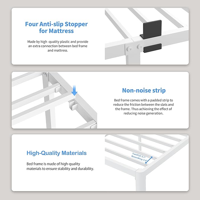 ROIL 18 Inch White King Size Bed Frame with Rounded Corner and Headboard Hole Mattress Retainers 3500LBS Heavy Duty Steel Slats No Box Spring Needed Platform Noise-Free Easy Assembly
