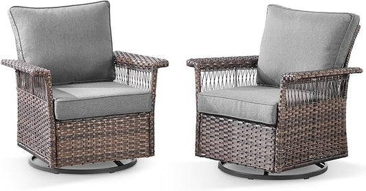 Outdoor Swivel Glider Chairs Set of 2 - Hollow Widen Armrests Wicker Patio Furniture Set, Comfortable High Back Outside Swivel Rocker for Balcony Porch Deck and Yard - Brown/Gray