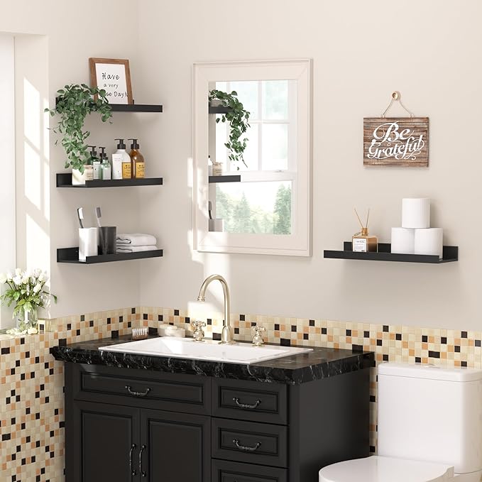 upsimples Floating Shelves for Wall, Wall Shelves for Decor Storage Set of 6, Wall Mounted Wood Shelf for Bedroom, Living Room, Bathroom, Kitchen, Picture Ledge Shelf, Black