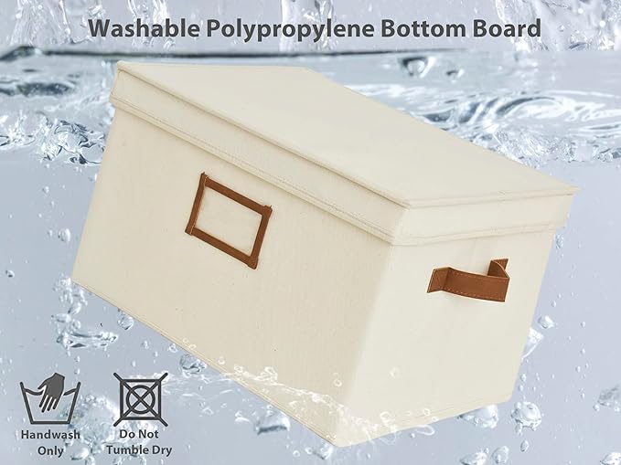 StorageWorks Storage Bins with Lids, Decorative Storage Boxes with Lid and PU Handles, Foldable Storage Baskets for Closet, Shelves, Stackable, Ivory, Jumbo, 3-Pack