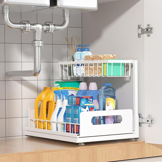 Under Sink Organizer, 2 Tier Pull Out Cabinet Organizer,Slide out Metal Cabinet Organizers Multi-Purpose Drawer Shelf for Kitchen Bathroom Pantry Cabinet Closet Organization Rack,White 1 Pack