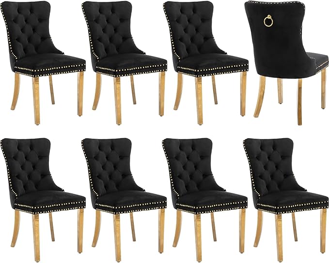 Luxury Upholstered Dining Chairs Set of 8, Black Kitchen Chair with Golden Metal Legs, Velvet Tufted Back Dining Chair, Sillas de Comedor, Modern Kitchen & Dining Room Chairs (Black, 8 Pcs)