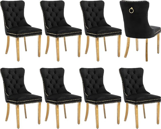 Luxury Upholstered Dining Chairs Set of 8, Black Kitchen Chair with Golden Metal Legs, Velvet Tufted Back Dining Chair, Sillas de Comedor, Modern Kitchen & Dining Room Chairs (Black, 8 Pcs)