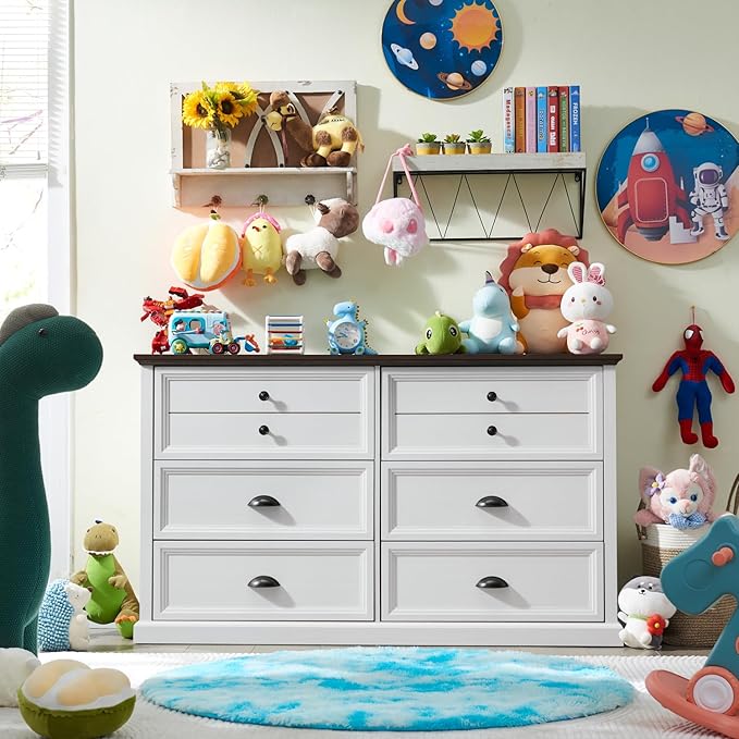 Farmhouse 6 Drawers Dresser for Bedroom, 58" Wide Dresser Chest of Drawers Organizer Storage, Wood Rustic Chest for Closet w/Two Different Drawer Sizes for Living Room, Hallway, White