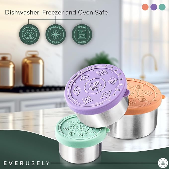 Everusely - Stainless Steel Food Containers - 3 Pack, Bright - Metal Lunch Box - Nesting Snack Containers for Office, Home Food Storage - Leakproof Silicone Lids - Dishwasher and Freezer Safe