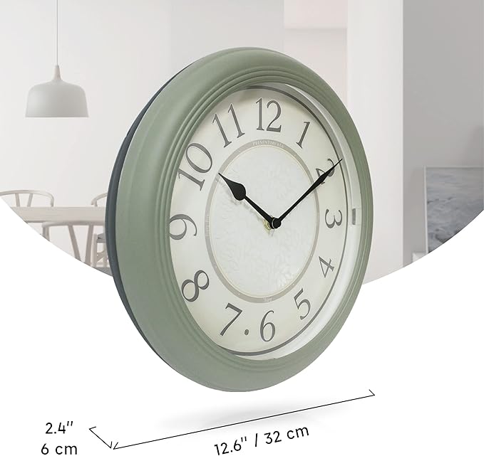 Presentime & Co. 12.6" Illuminated Farmhouse Wall Clock, Silent Battery Operated Night Light Wall Clock with Smart LED Sensor for Living Room, Bathroom, Kitchen, Home Office, Sage Green