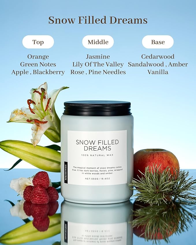 M&SENSE Snow Filled Dreams Winter Large Scented Candles, 19.4oz 110 Hour Clean Non Toxic Long Lasting Candle Organic Natural Soy Wax Candle Gifts for Women Men