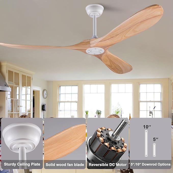 60 Inch Wood Ceiling Fan Without Light, Reversible DC Motor,3 Blades Modern Ceiling Fan no Light with Remote Control for Outdoor Indoor Living Room Farmhouse Patios