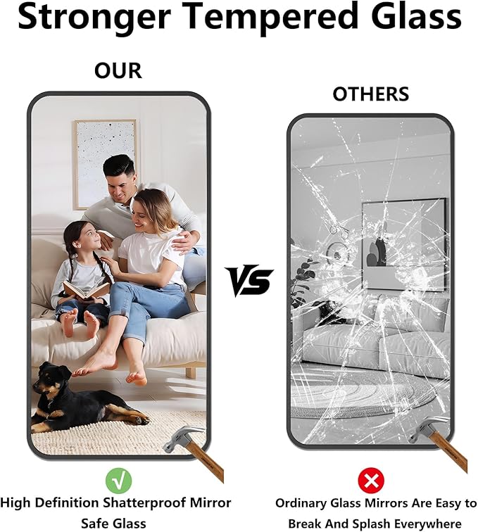 Koonmi Bathroom Mirror, 24X48 Brushed Black Metal Framed Wall-Mounted Mirror for Over Sink, HD Tempered Glass, Anti-Rust, Rounded Rectangle Mirror for Restroom, Bedroom, Hangs Horizontal or Vertical