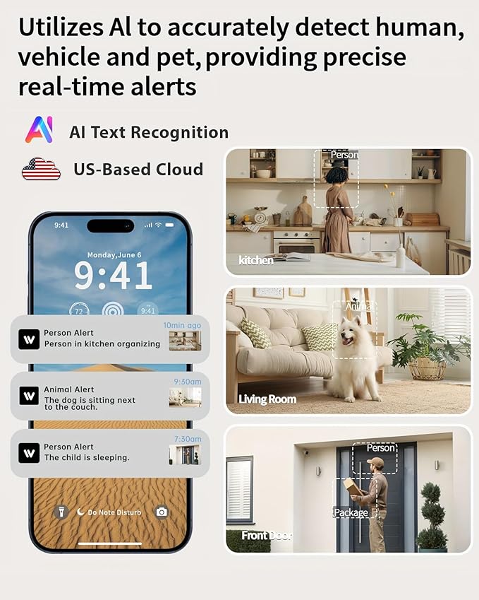 2K Cameras for Home Security, 2.4/5GHz Wi-Fi 6 Indoor Camera for Dog/Pet/Nanny/Baby with US Phone App, AI Text Recognition, Smart Search, Color Night Vision, Mini Cam 2 Way Talk, Human Detection