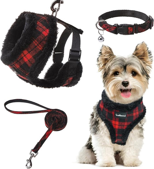 SCENEREAL Small Dog Harness Collar and Leash Set, Warm Fleece No Pull Puppy Vest Harness, Christmas Dog Outfit No Chock Adjustible Step in Pet Halter for Outdoor Walking Training, Red Plaid S