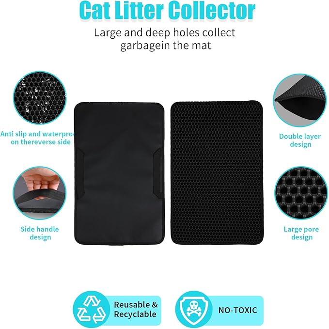 Cat Litter Mat, Kitty Litter Collector, Double Layered Honeycomb Design Waterproof, Anti Urine, Anti Slip, Easy to Clean, Limit Garbage (23"x14.5", Black)