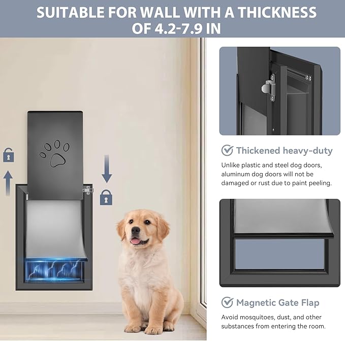 [Petoasis] Heavy Duty Aluminum Dog Door with Lock,3 Flap Insulated Doggie Doors with Installation Manual,Durable and Rust Resistant, Patent: USD1057087S, (Black, XLarge for Wall)