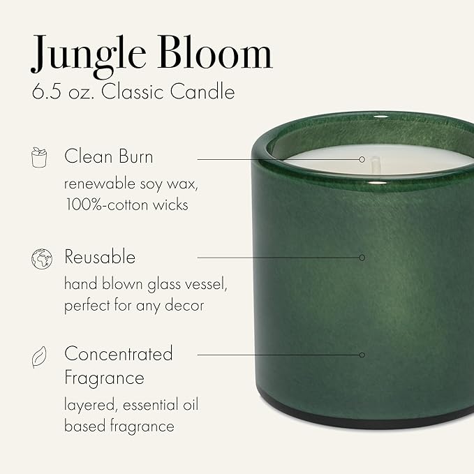 LAFCO New York Classic Candle, Jungle Bloom - 6.5 oz - 50-Hour Burn Time - Reusable, Hand Blown Glass Vessel - Made in The USA