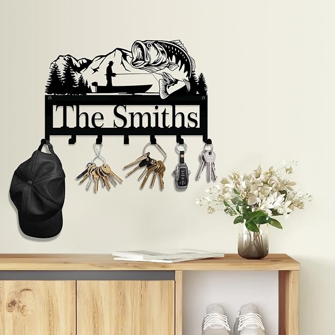 NIWAHO Personalized Family Name Metal Wall Sign with Hooks – Bass Fishing Key Rack Holder Wall Mount Customized Name for Entryway, Mudroom, Kitchen, or Bathroom Decor