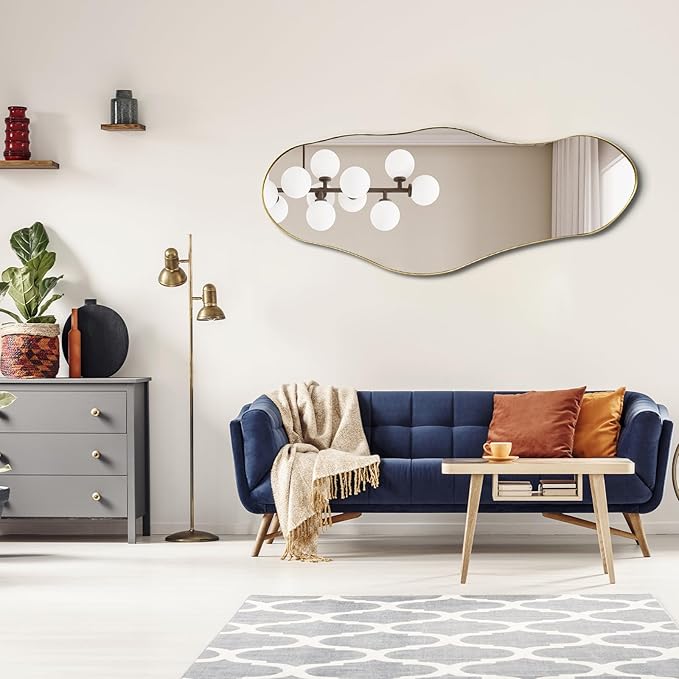 Large Asymmetrical Mirrors, 55"x22" Irregular Shaped Mirror, Gold Metal Frame Abstract Wall Mirror Decorative, Modern Funky Mirrors for Living Room Bathroom Bedroom Hallway Entryway Fireplace