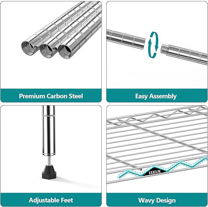 IZEUK 4-Tier Heavy Duty Steel Storage Shelves, Metal Shelf Wire Shelving Rack for Pantry, Kitchen, Home, or Office Organization (29.5" W x 13.7" D x 47.2" H, 1000LBS, Chrome)