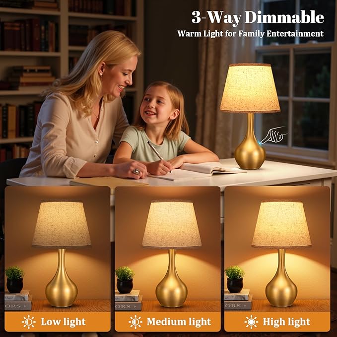 Seealle Touch Table Lamps for Nightstand, 3-Way Dimmable Small Bedroom Lamps for Night Stands, Gold Bedside Lamps for Living Room, Kids Room, End Table(LED Bulb Included)