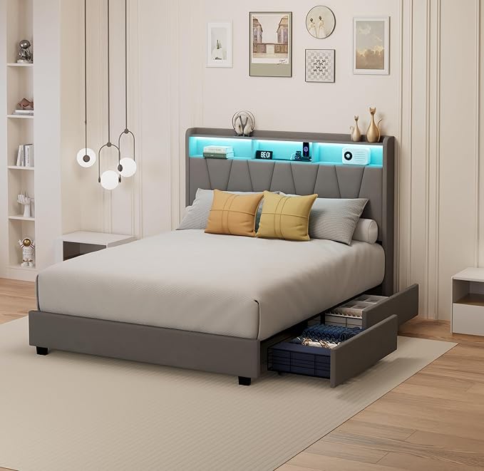 Queen Bed Frame, Velvet Upholstered LED Platform Bed with Headboard Storage, Queen Bed Built-in Charging Station with 4 Drawers, Wood Slat Support, No Box Spring Needed, Grey