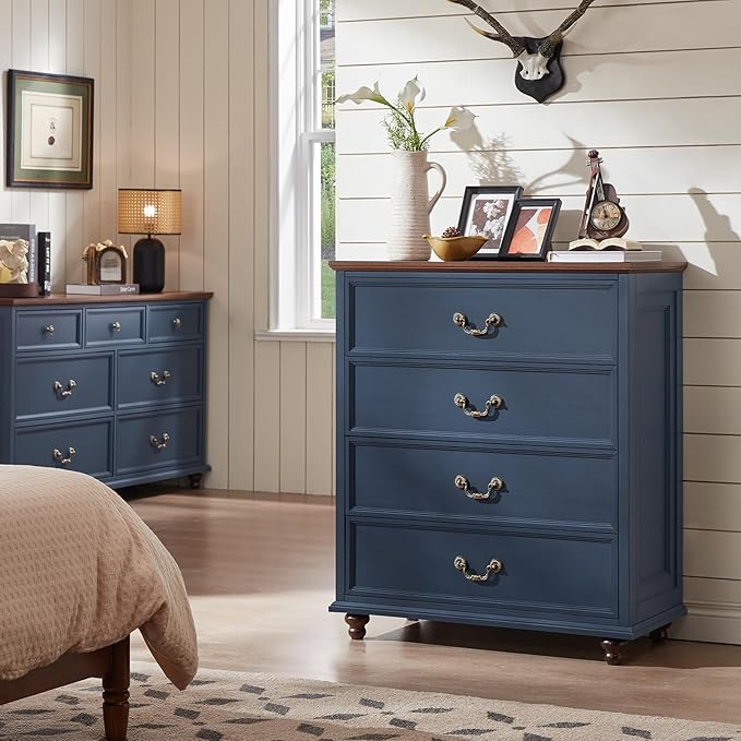 24" Wide Farmhouse Nightstand Set of 2, 54" 7 Drawers Dresser, 37" Tall Rustic Chests of Drawers, Farmhouse Furniture Series for Bedroom,DarkBlue