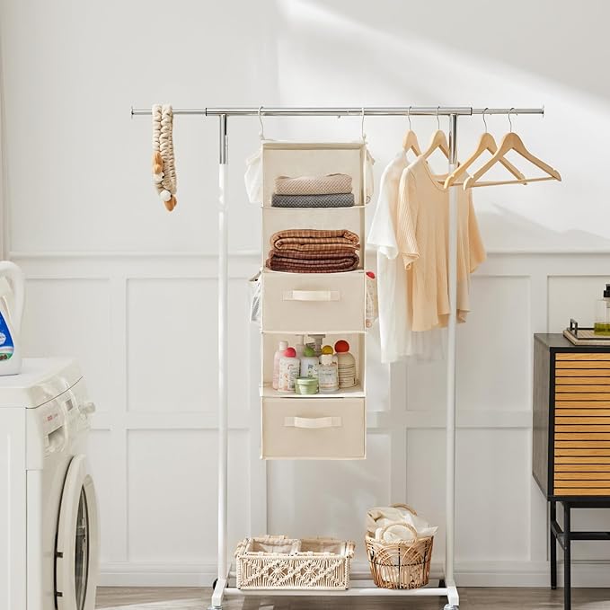 MAX Houser 5 Tier Shelf Hanging Closet Organizer, Cloth Hanging Shelf with 2 Sturdy Hooks for Storage, Foldable (Beige-D2)
