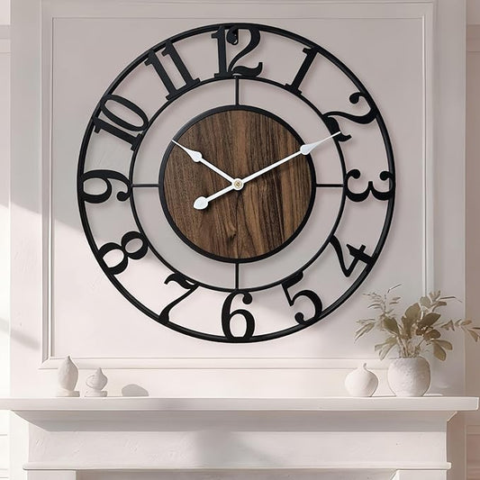 Large Metal Wall Clock, 20 Inch Retro Decorative Silent, Non Ticking, Battery Operated Modern Big Wood Wall Clock for Living Room, Farmhouse, Bedroom, Fireplace, Kitchen, Office, Home Decor