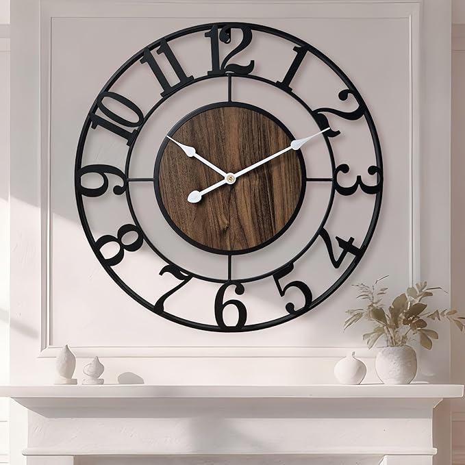 Large Metal Wall Clock, 30 Inch Retro Decorative Silent, Non Ticking, Battery Operated Modern Big Wood Wall Clock for Living Room, Farmhouse, Bedroom, Fireplace, Kitchen, Office, Home Decor