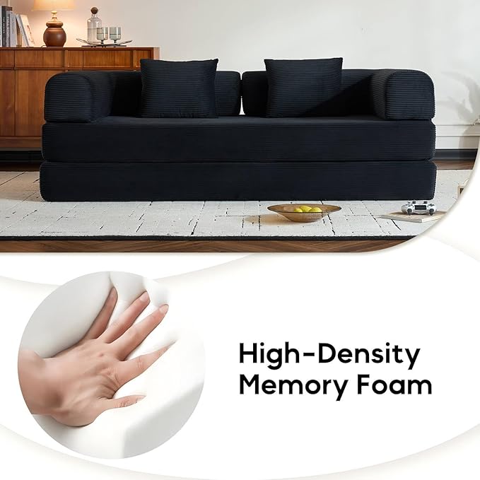 Convertible Sleeper Sofa Bed with Fixed-Shape Frame, Corduroy Folding Boneless Couch with Cylindrical Pillow, Comfy Floor Sofa Couch for Living Room, No Assembly Required, Black
