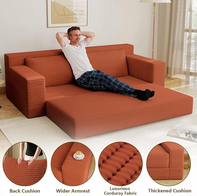 70.78" Loveseat Sofa, Modern Small Corduroy Couch Comfy Deep Seat for Living Room, Bedroom, Apartment, Home Office, No Assembly, Orange