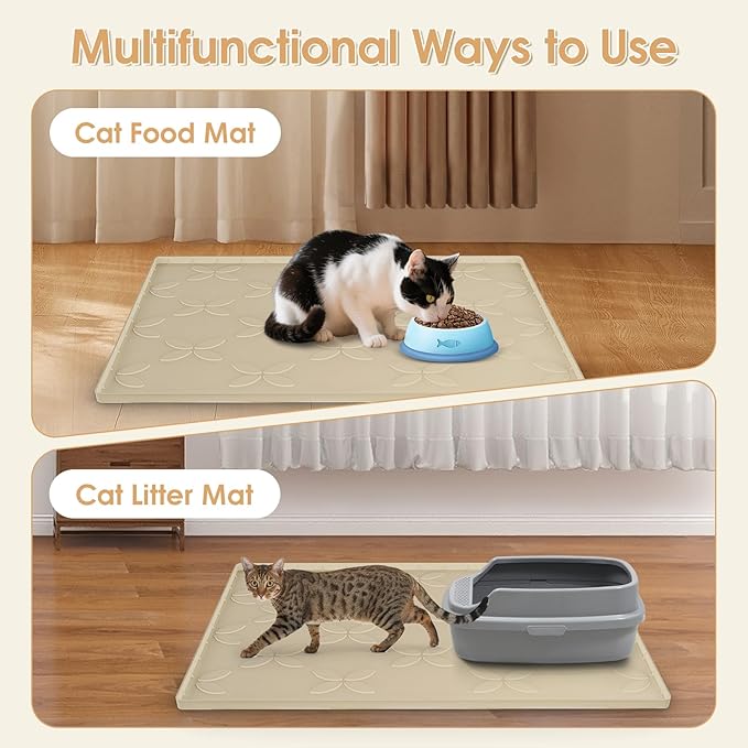 Cat Litter Mat, Large 34" x 22" Litter Box Mat, Waterproof Silicone Litter Mat for Litter Box, Non-Slip, Easy to Clean (Khaki)