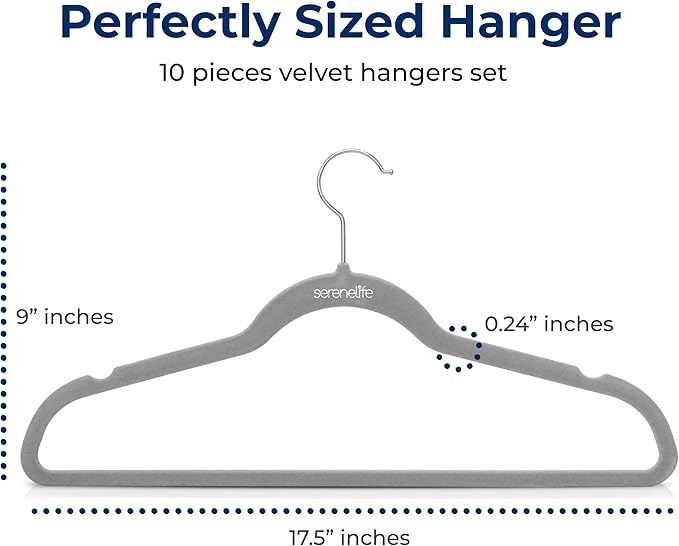 SereneLife 10-Pack Velvet Hangers – Non-Slip Clothes Hangers with Heavy Duty Design, Slim Space-Saving Coat Hangers with 360° Swivel Hook, Strong Lightweight Closet Organizer Set for Clothes (Grey)