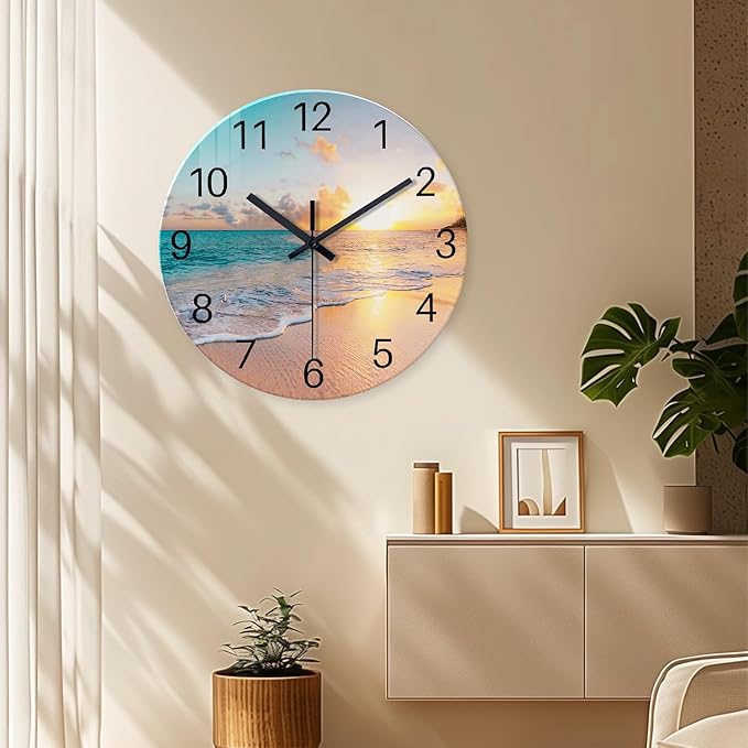 Round Blue Glass Office Wall Clock Decorative 24 Inch Beach Extra Large Wall Clocks Battery Operated Silent Wall Clock Non Ticking