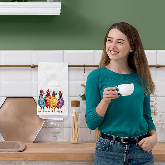 Funny Chicken Kitchen Towels, Chicken Lovers Lady Mom Gifts Dish Tea Towels, Cool Colorful Chicks in Sunglasses Decorative Hand Towel for Bathroom Kitchen, 16x24 Inch