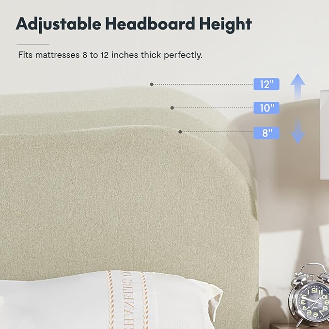 FlexiSpot Queen Size Linen Bed Frame, Upholstered Cloud Platform Bed with Adjustable Headboard, Plush Padding, Solid Wood Legs, Bonus LED Wall Light Included, No Box Spring Needed, Easy Assembly, Sage