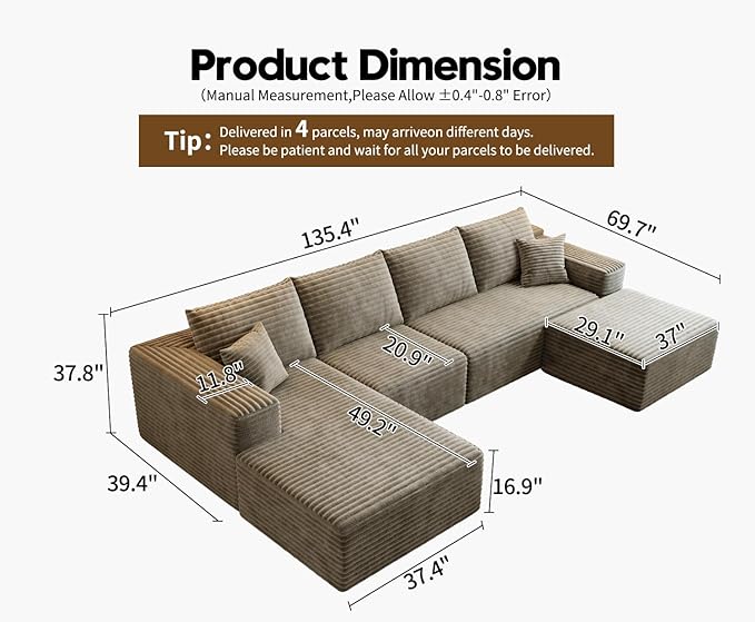 135.4" Cloud Modular Sectional Couch with 1 Ottoman,Modern Minimalist Upholstered Couches, Comfort U Shaped Sofa for Living Room,Deep Seat Corner Couch，No Assembly Required (Camel,Left Facing Chaise)