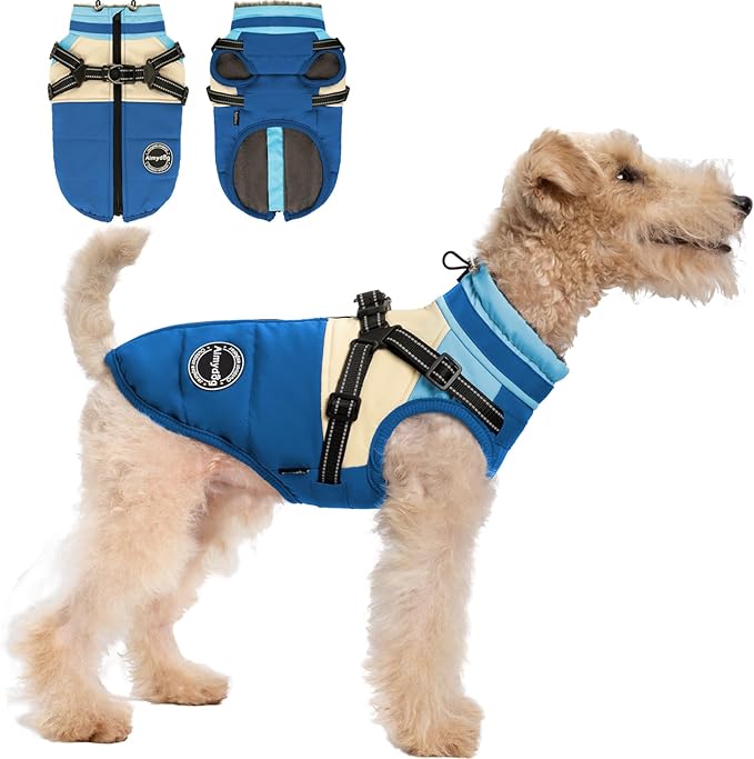 Dog Winter Coat, Waterproof Dog Jacket Warm Dog Coat, Windproof Turtleneck Dog Fleece Vest with Harness Built in, Reflective Dog Snow Jacket Snowsuit for Small Medium Large Dogs, Blue S