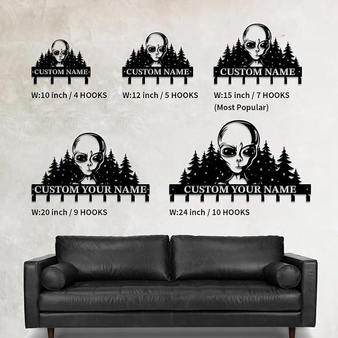 Personalized Custom Alien ET Metal Wall Keys Hooks,Clothes Hooks Alien ET Art Coat Racks,Door Holder,Black Alien ET Decorations for Home,Entrance Doors,Hallway, Bedroom,Keys,Hats (Style B)