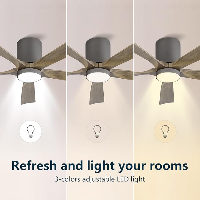 ELEHINSER 52 inch Low Profile Ceiling Fan with Light, 5 Solid Wood Blades, 6-Speeds, Quiet DC Motor, Timer, Flush Mount Modern Ceiling Fan with Remote for Living Room Bedroom, Charcoal Grey