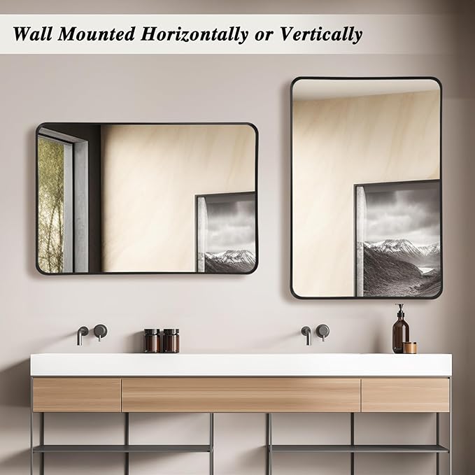 Wall Mirror 22" x 30" for Bathroom Black Metal Deep Frame Mirror for Wall Decorative Rectangular Round Corner Wall Mounted Vanity Mirror for Bedroom Entryway Living Room Wall Decor