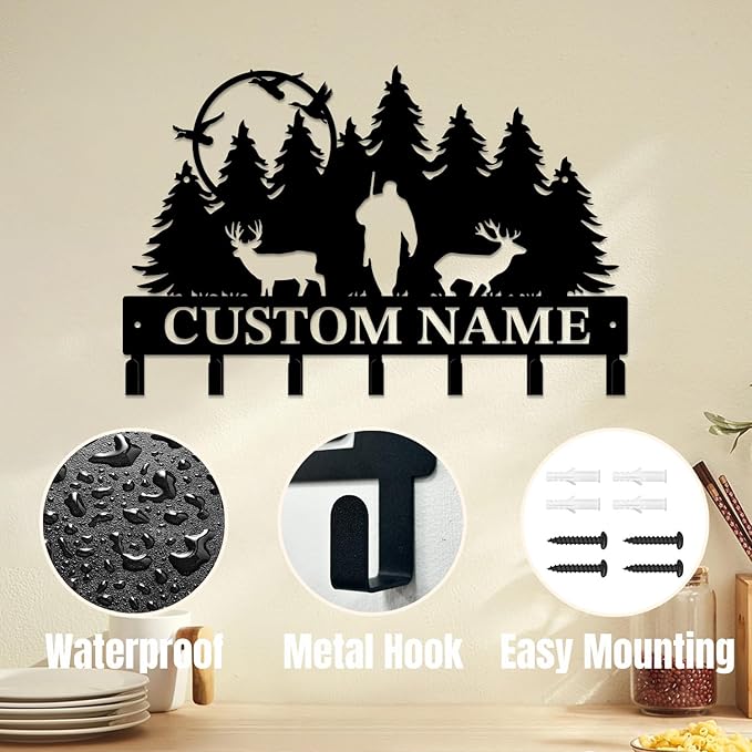 Personalized Custom Name Hunting Deer Wall Key Hooks,Metal Hunting Art Clothes Hooks,Metal Hunting Wall Home Storage Decorative,Hunter For Front Door, Hallway, Kitchen, Bedroom,Keys,Hats (Style G)