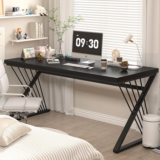 FOLUBAN Black Desk, Modern Wood and Metal Computer Desks for Home Office, Simple Writing Work PC Desk for Bedroom, Industrial Study Gaming Table for Living Room, 60 Inch