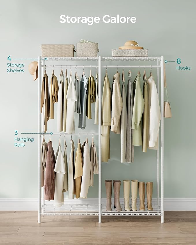 SONGMICS Clothes Rack, Freestanding Wardrobe Closet, Metal Clothing Racks, Heavy-Duty Garment Rack with Adjustable Shelves, Hanging Rods, Dividable, 15.8 x 47.2 x 70.9 Inches, Cloud White ULGR423W01