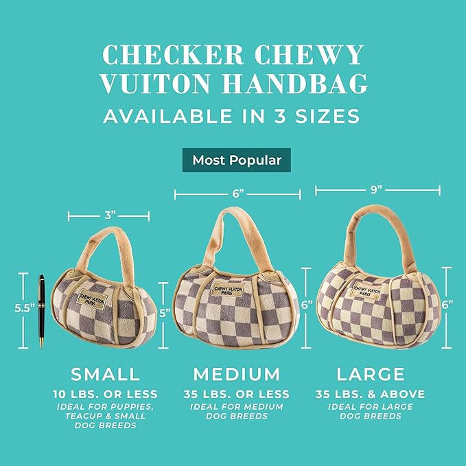 Haute Diggity Dog Haute Diggity Checker Chewy Vuiton Dog Handbag - Medium Plush Designer Dog Toys with Squeaker & Machine-Washable Enrichment & Safe Materials for All Breeds, Size Medium