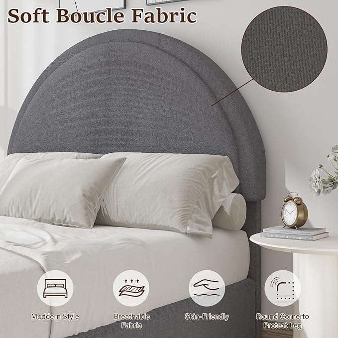 Twin Size Bed Frame, Boucle Upholstered Platform Bed with Headboard, Cloud Bed Frame with Soft Rounded Corners, No Box Spring Required, Easy Assembly, Grey