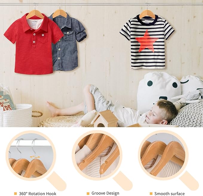 Nature Smile Kids Baby Children Toddler Wooden Shirt Coat Hangers with Notches and Anti-Rust Chrome Hook Pack of 20 (Natural)